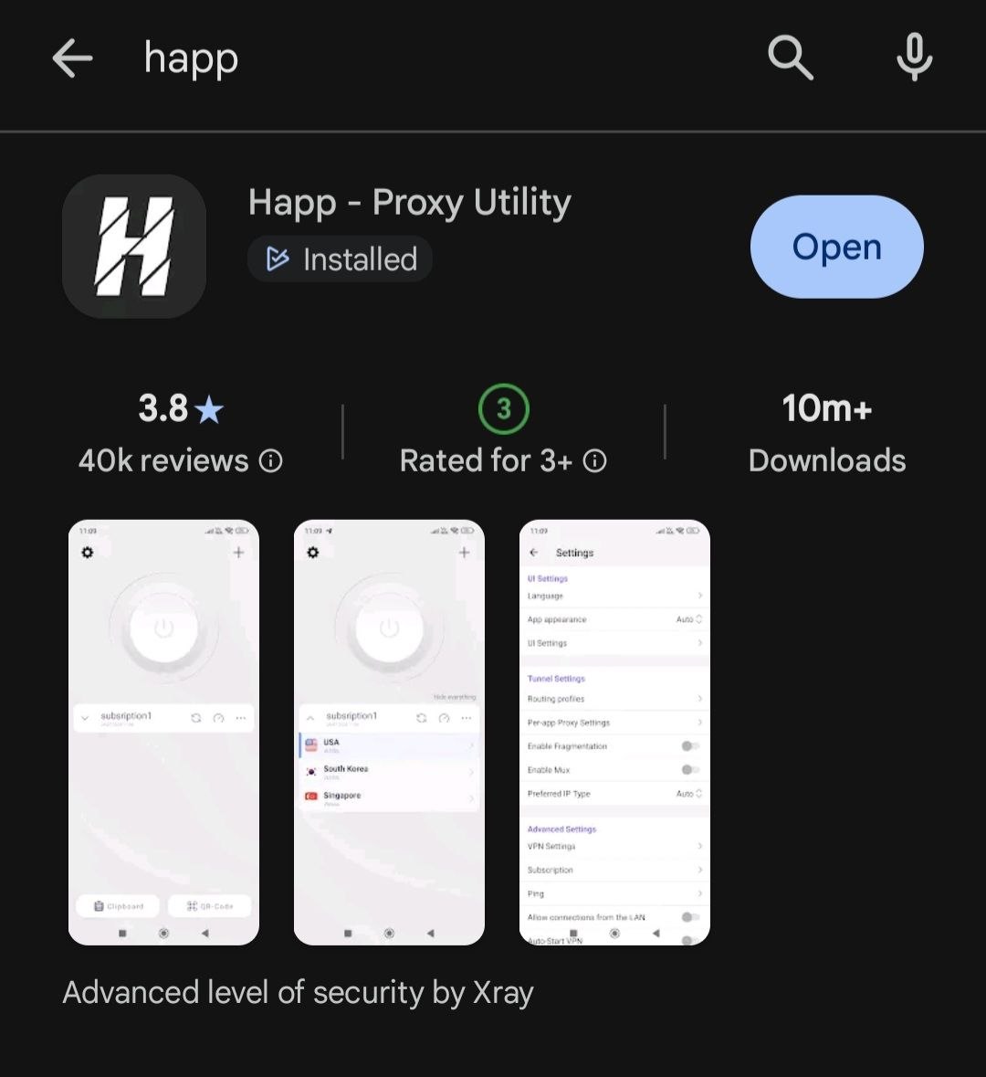 Страница приложения Happ в Google Play