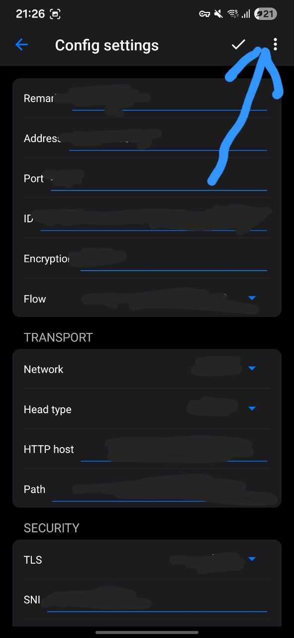 Экран Config settings: стрелка указывает на меню из трёх точек