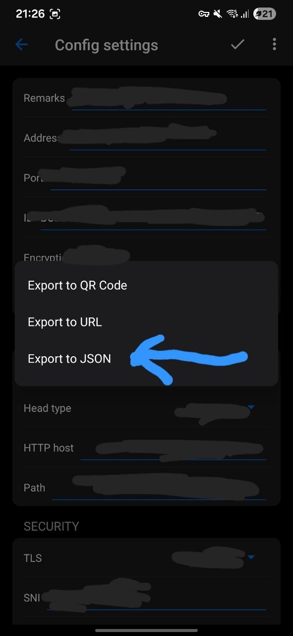 Диалог экспорта: стрелка указывает на Export to JSON